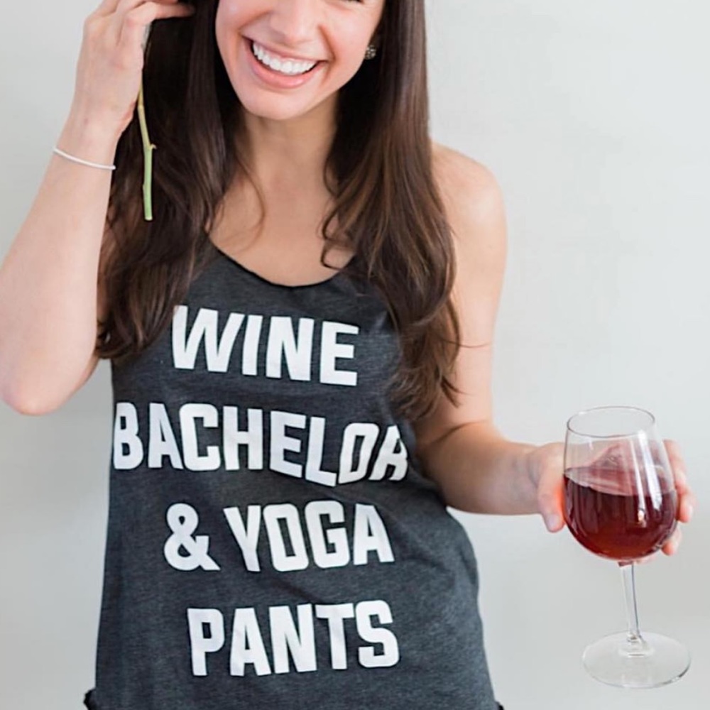 BACHELOR, WINE, YOGA PANTS tank in dark grey